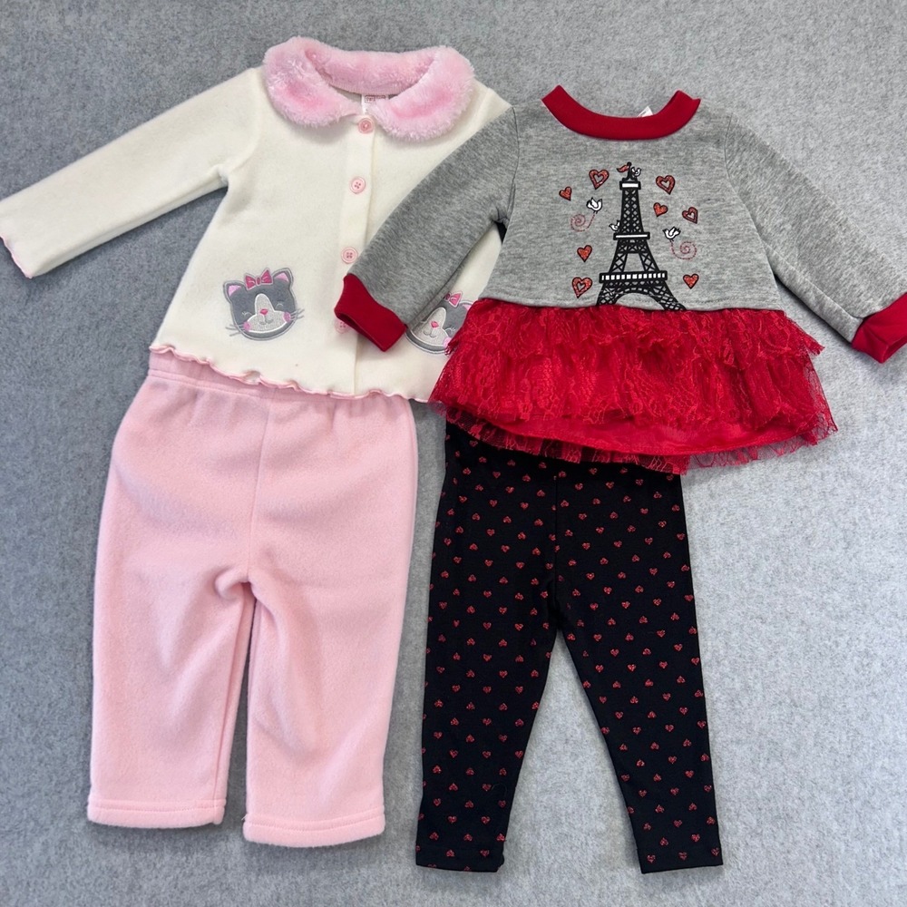Cat Paris Eiffel Tower Baby Girls Multicolor Swiggles Outfit Lot Fleece 6-9M